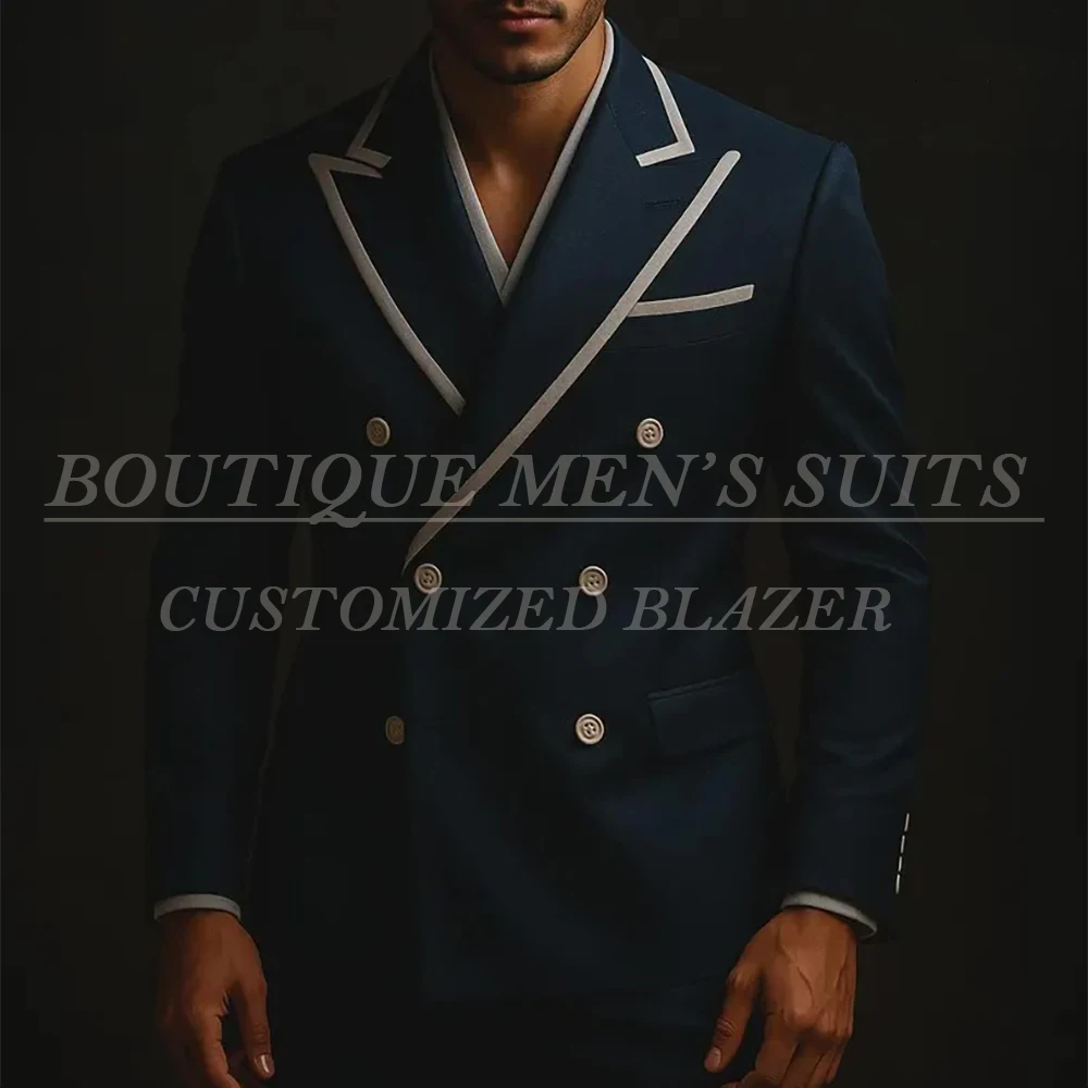 

Navy Blue Men's Suits Formal Double Breasted Peak Lapel Slim Fit 2 Piece Jacket Pants Full Sets Wedding Male Clothing Outfits