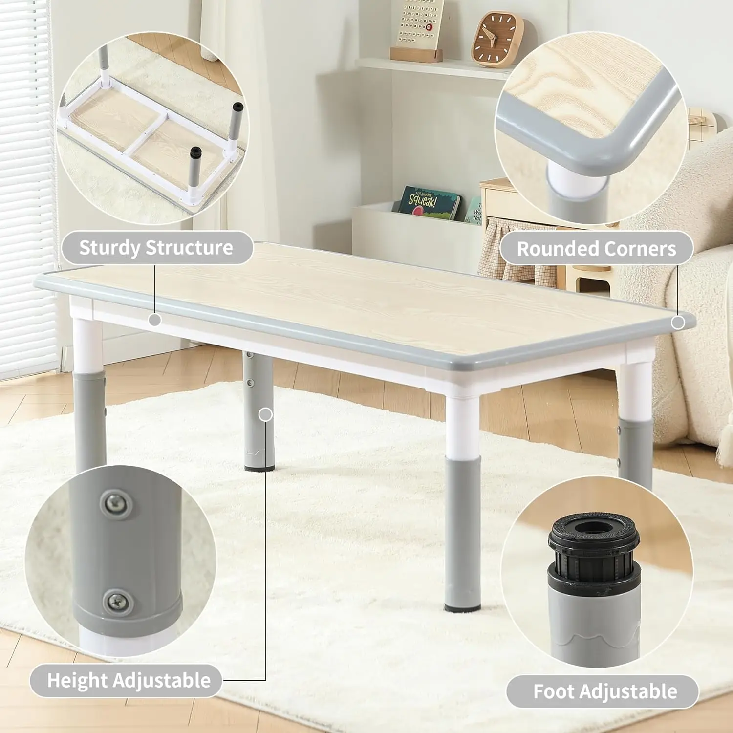 Conjunto de mesa infantil e 4 cadeiras, conjunto de mesa e cadeiras para crianças com altura ajustável com capas de borracha para pés, desktop graffiti para crianças