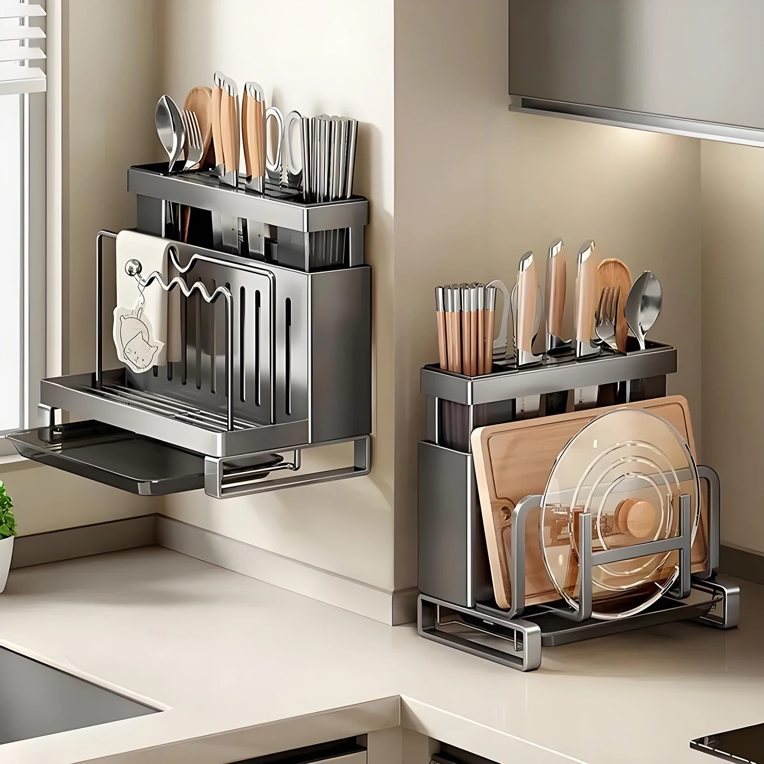Knife Holder,Cutting Board Holder Organizer, Kitchen Knife Storage Rack Shelf, Utensil & Cutlery Caddy, Pot Lid Stand with Drain