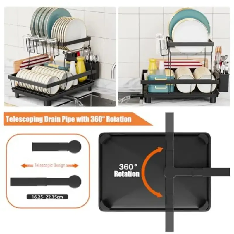 2-Tier Large Capacity Dish Drying Rack with Drainboard, Heavy-Duty Black Kitchen Organizer with Utensil & Cup Holders