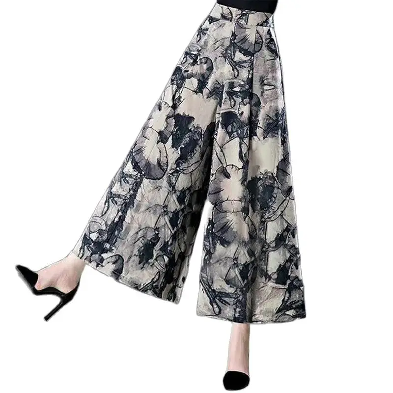 

Fashion Summer 2022 New Flower Color Wide Leg Pants Women's High Waist Temperament Printing Thin Elastic Waist Female Pants