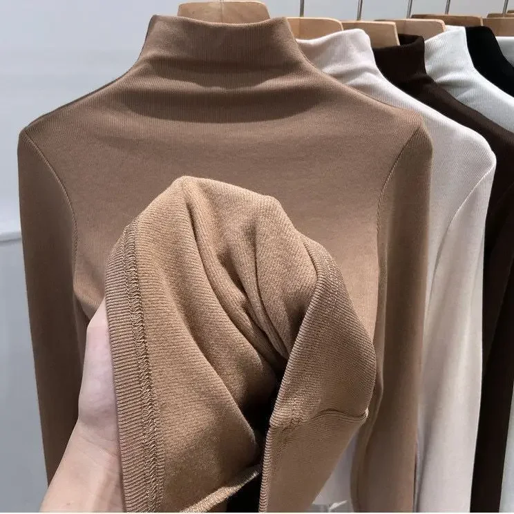 Camisa básica de punto con cuello medio alto y forro polar para mujer, ropa interior de moda para otoño e invierno, Top versátil con cuello redondo