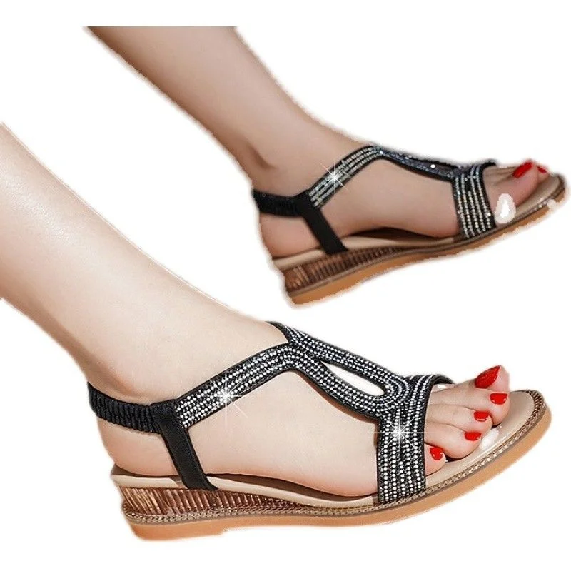 2023 New Summer Fashion Women\'s Shoes Open Toe Shoes Simple and Elegant Casual Sandals Solid Crystal Flat Sandals