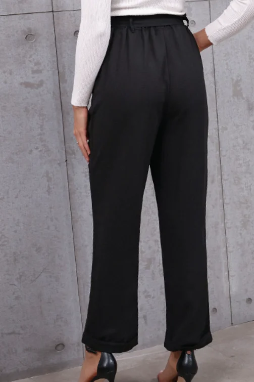 Urban Elegant Wide Leg Pants Woman Commuting Style Lace Up Micro Flared Cropped Pants Women Professional Suits Black Long Pants