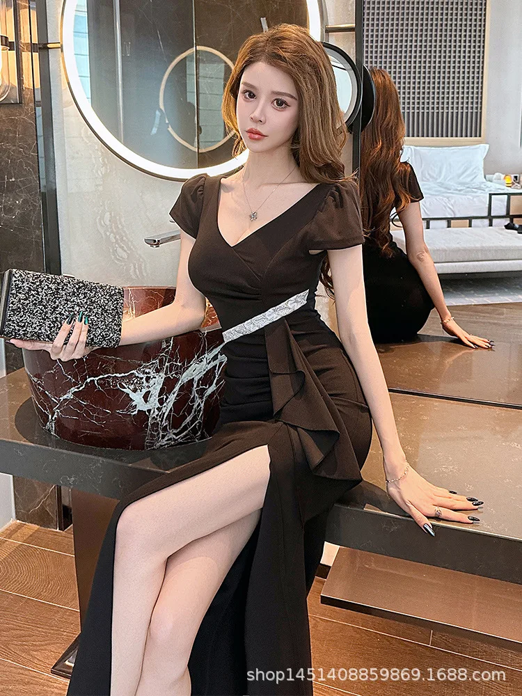 

Платья женские вечерние 2025 с короткими рукавами, шифоновые пояса на пуговицах, плиссированные расклешенные платья во французском стиле, художественные, современные, элегантные, легкие