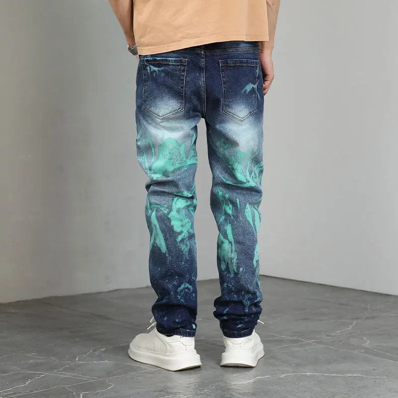 Fashionable hand-painted graffiti printed jeans for men, straight leg high street fashion brand, cool and personalized pants