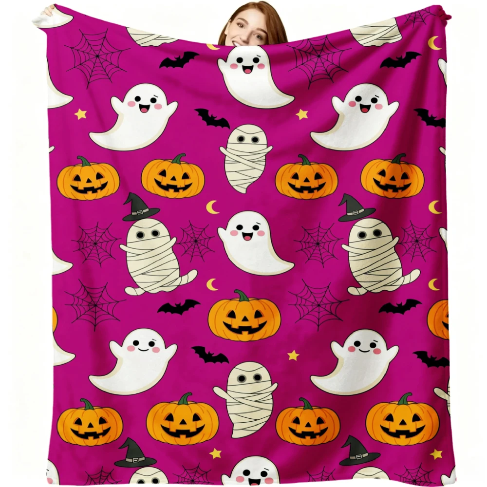 1pc Halloween Ghost Pumpkin Mummy Spider Web Print Flannel Blanket Soft Comfortable Warm Bed Cover Autumn Winter Season Home Bedroom Sofa Living Room Decor Halloween Thanksgiving Christmas Festival Gift