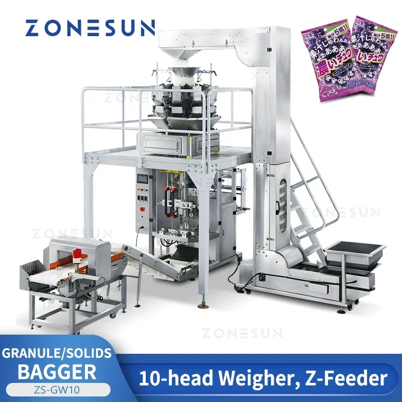 ZONESUN Granul Bagger Kacang Biji Wijen Detektor Logam Periksa Timbang Z Pengumpan Padat Lini Produksi Kemasan Makanan ZS-GW10