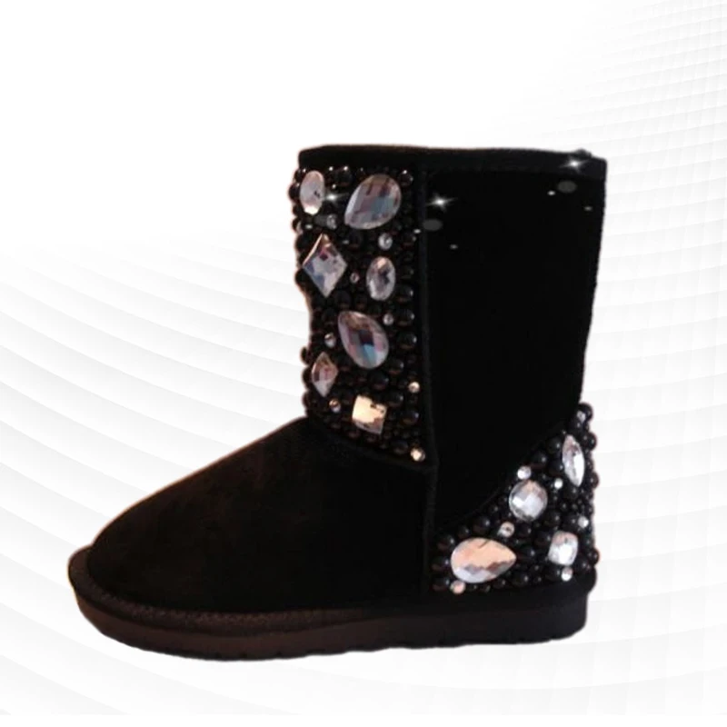 Creative black rhindiamonds pearl fur one party snow boots handmade custom large size thick women's cotton shoes 35-44