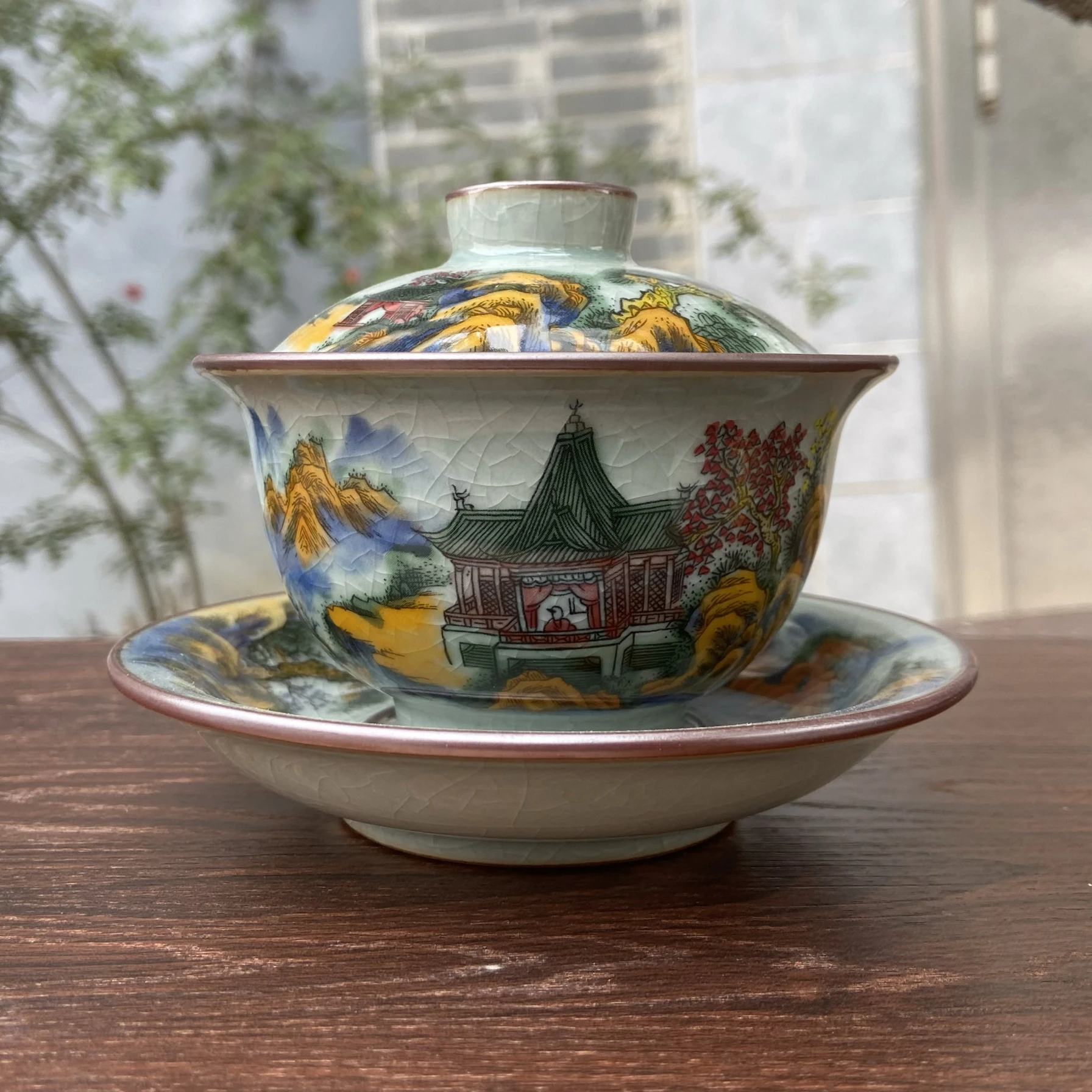 

Handmade Hover Landscape Open Piece Old Clay Three Cai Cover Bowl Tea Cup Ceramic Kung Fu Set with Lid Large