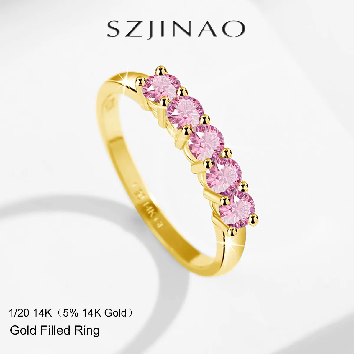 14K Gold Filled Pink Moissanite Rings 5 Stone D VVS1 for Women Man with 1/20th 14 Karat Gold Engagement Wedding Jewelry