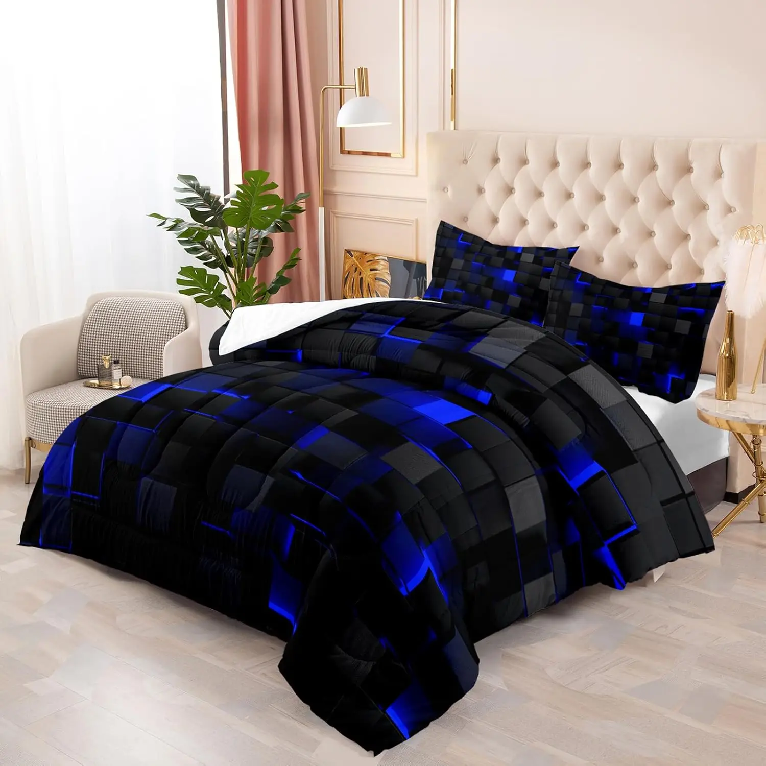 

Modern Geometric Blue Black Quilt Set, 3-Piece Queen Size Bedding for Teens, Lightweight All-Season Microfiber