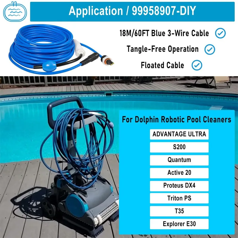 99958907-DIY 18M/60FT Blue 2-Wire Cable with Swivel for Tangle-Free Operation for Dolphin Pool Cleaners Active 20, S200, Quantum