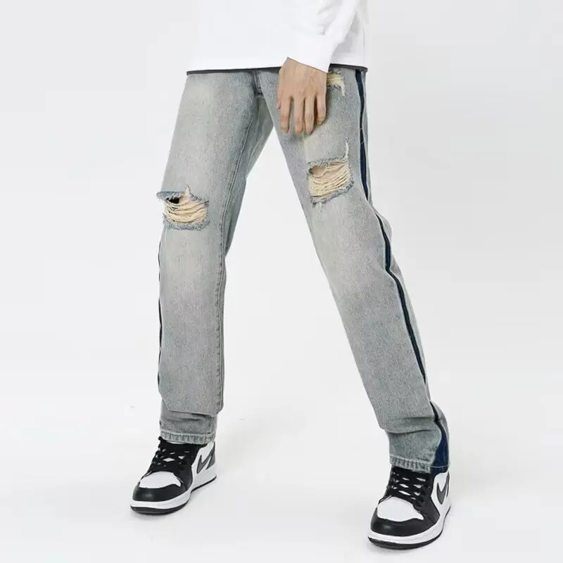 

Retro High Street Men's And Women's Wide Leg Jeans Casual Hip Hop Patchwork Torn Denim Pants Sli All-Match Trendy