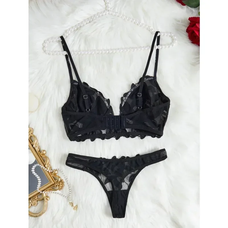 Lingerie motif bunga Valentine pakaian dalam celana dalam celana dalam seksi malam mewah V Set celana dalam untuk wanita Bra tembus pandang