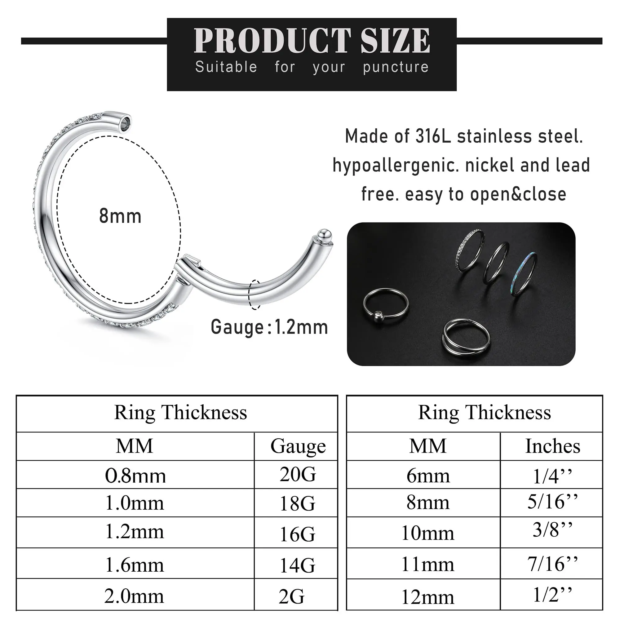 Drperfect Nasenringe aus Chirurgenstahl für Damen, CZ Opal Septum Piercing, Clicker Lippenringe, Helix Knorpelohrringe, perforiert – Detail 1