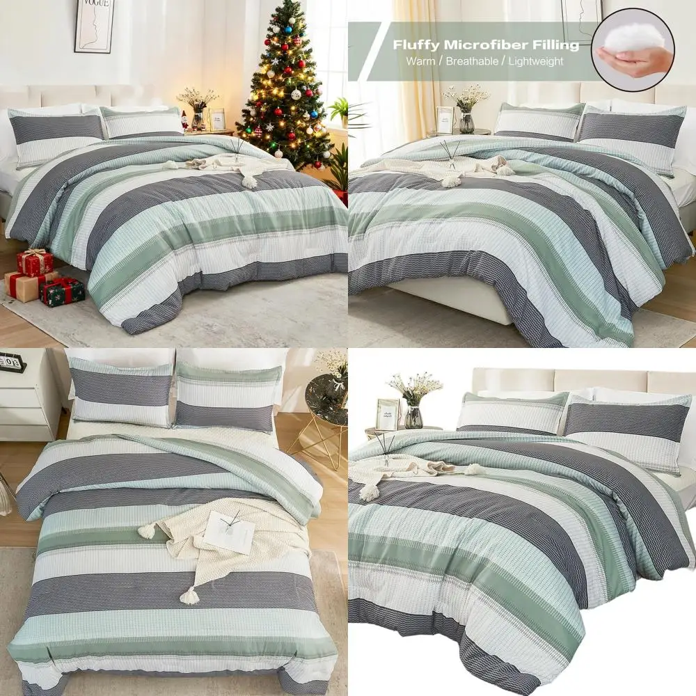 

Комплект легкого постельного белья Sage Green из 3 предметов: стеганое одеяло в полоску с белым цветом, всесезонное, с наполнителем из искусственного пуха.
