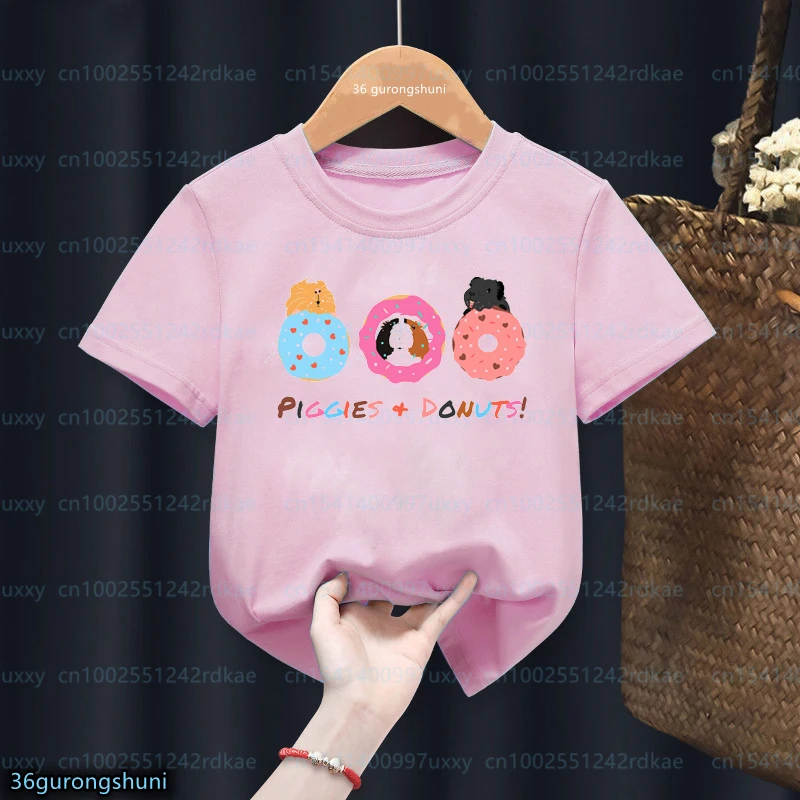 Kawaii Girls T-Shirt Cute Doughnuts Guinea-Pigs Graphic Print Children Tshirt Summer Fashion Girls Pink Short-Sleeved Tops