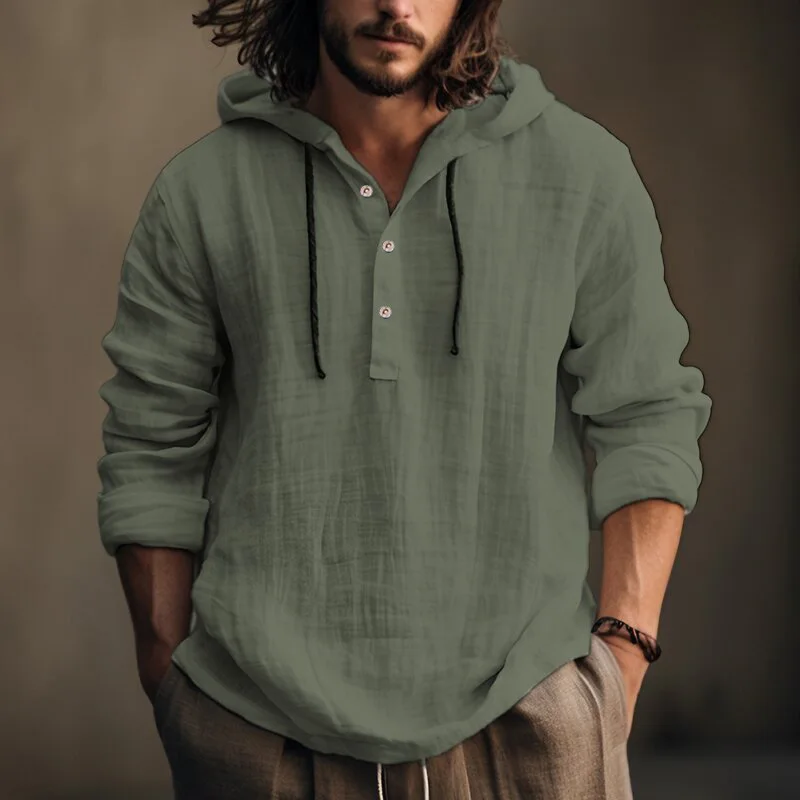 2024 Spring and Autumn New European and American Men\'s Hooded Casual Cotton and Linen Stripes Loose Long-sleeved Shirt