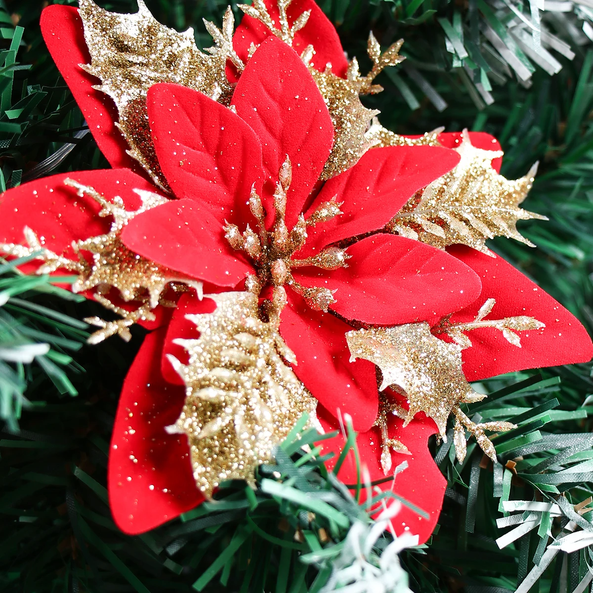 

10pcs Red Glitter Christmas Flowers Artificial Poinsettia Flower Head Xmas Tree Ornament Home Decoration Navidad New Year 2025