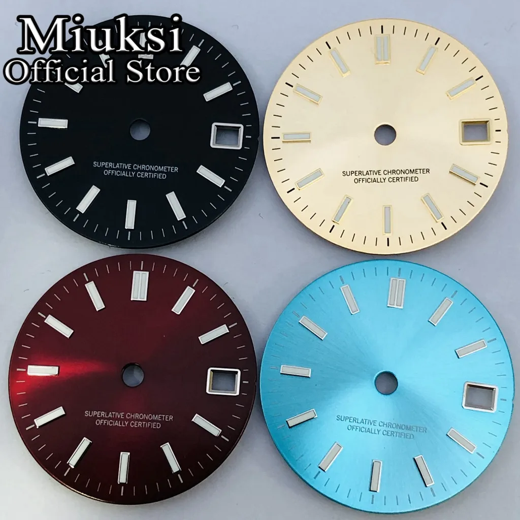 Miuksi 29mm black gold red blue watch dial green luminous dial fit NH35 movement fit 3 o\'clock crown 3.8 o\'clock crown