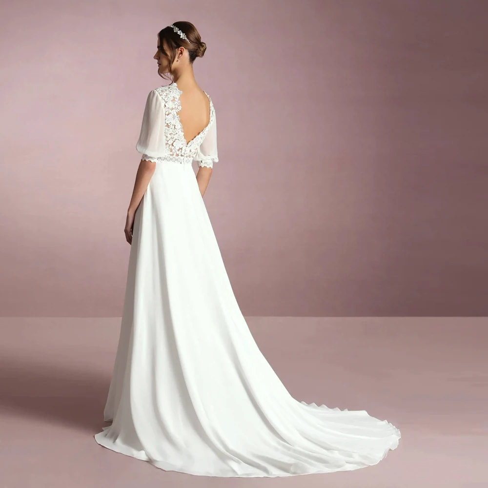 クラシック V ネックのウェディングドレス半袖ブライダル成長ジッパー背中の開いたカスタマイズされたアップリケレースシフォン新しい Vestidos デノビア