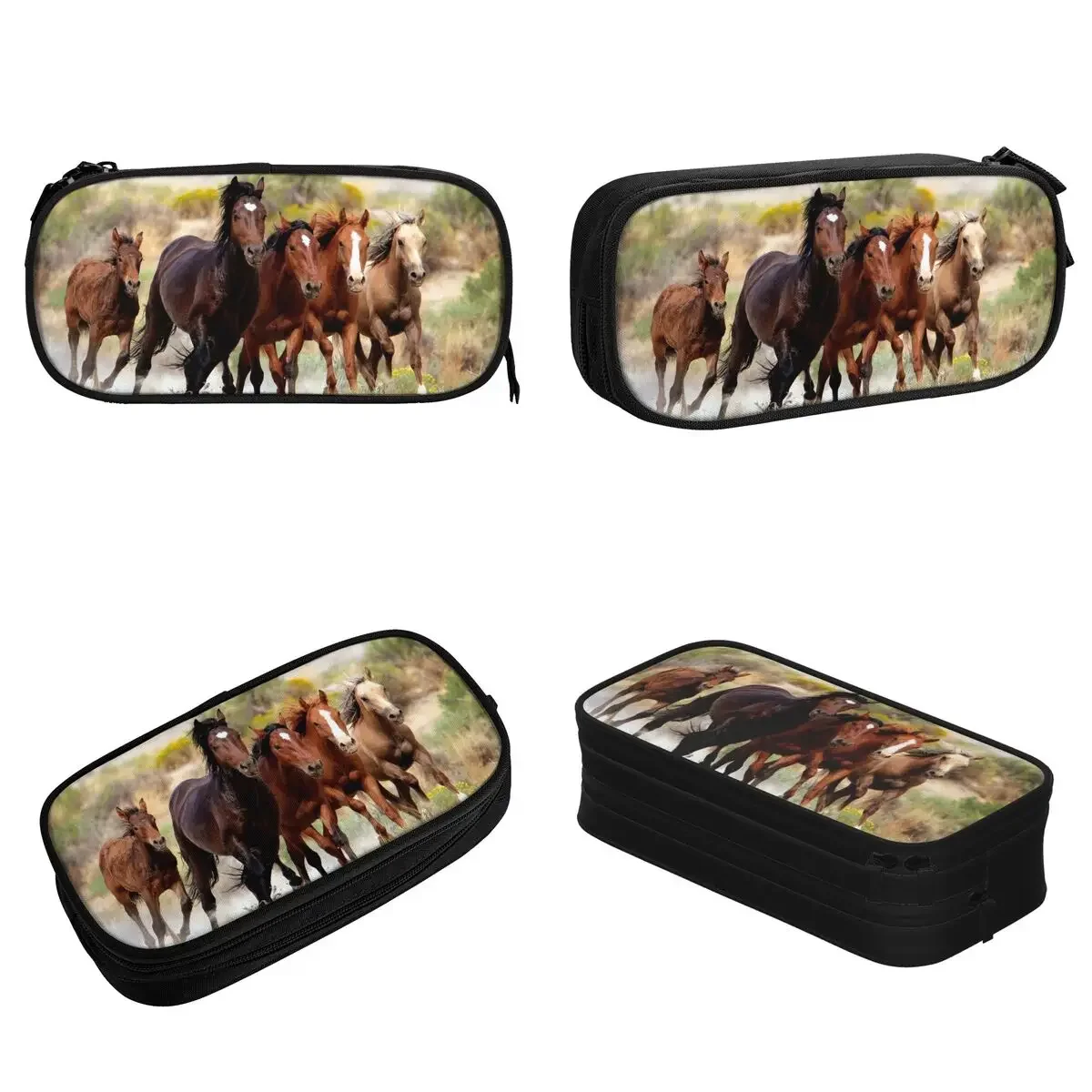 Brown Horse Herd Running Pencil Cases Galloping Animal Lovers Pencil Pouch Pen Box for Girl Boy Big Capacity Bag Gift Stationery