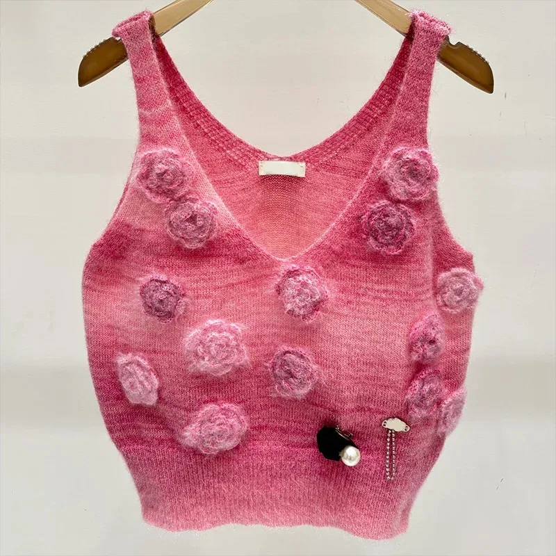 

High quality Women V-neck Pink 3d Floral Diamonds Button Knitted Sweater vest Autumn Pearls Beaded Mohair 25717117