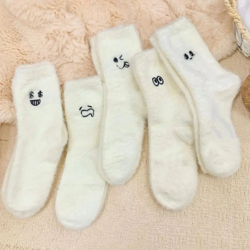 

5Pairs Ins Embroidered Mink Fur Socks Soft Sweet Plush Socks Pile Up Cartoon Thicken Warm Socks Women
