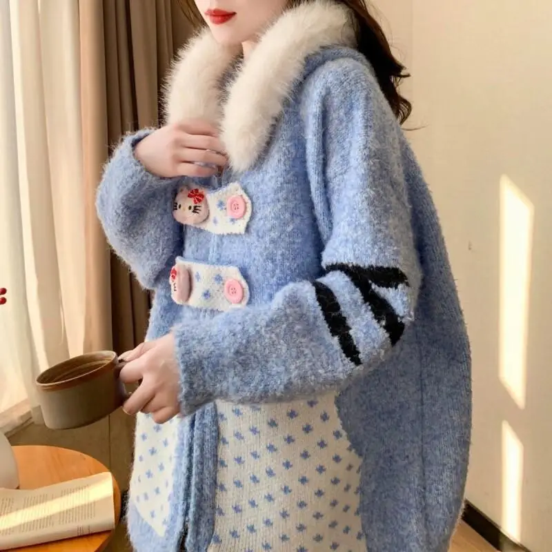 

Sanrio Hello Kitty women's autumn winter new model thicken hooded knit cardigan soft fur collar keep warm college loose coat
