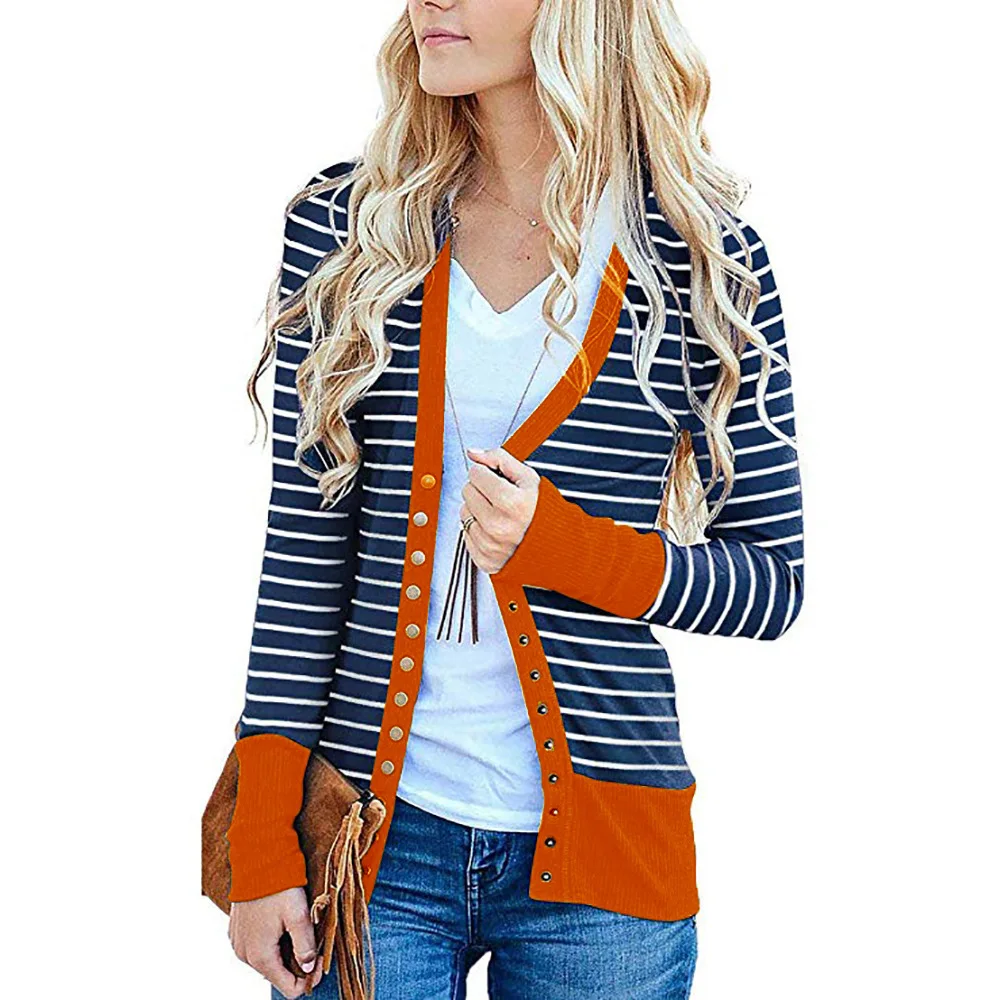 Cardigan single breasted stripe color long sleeve coat woman