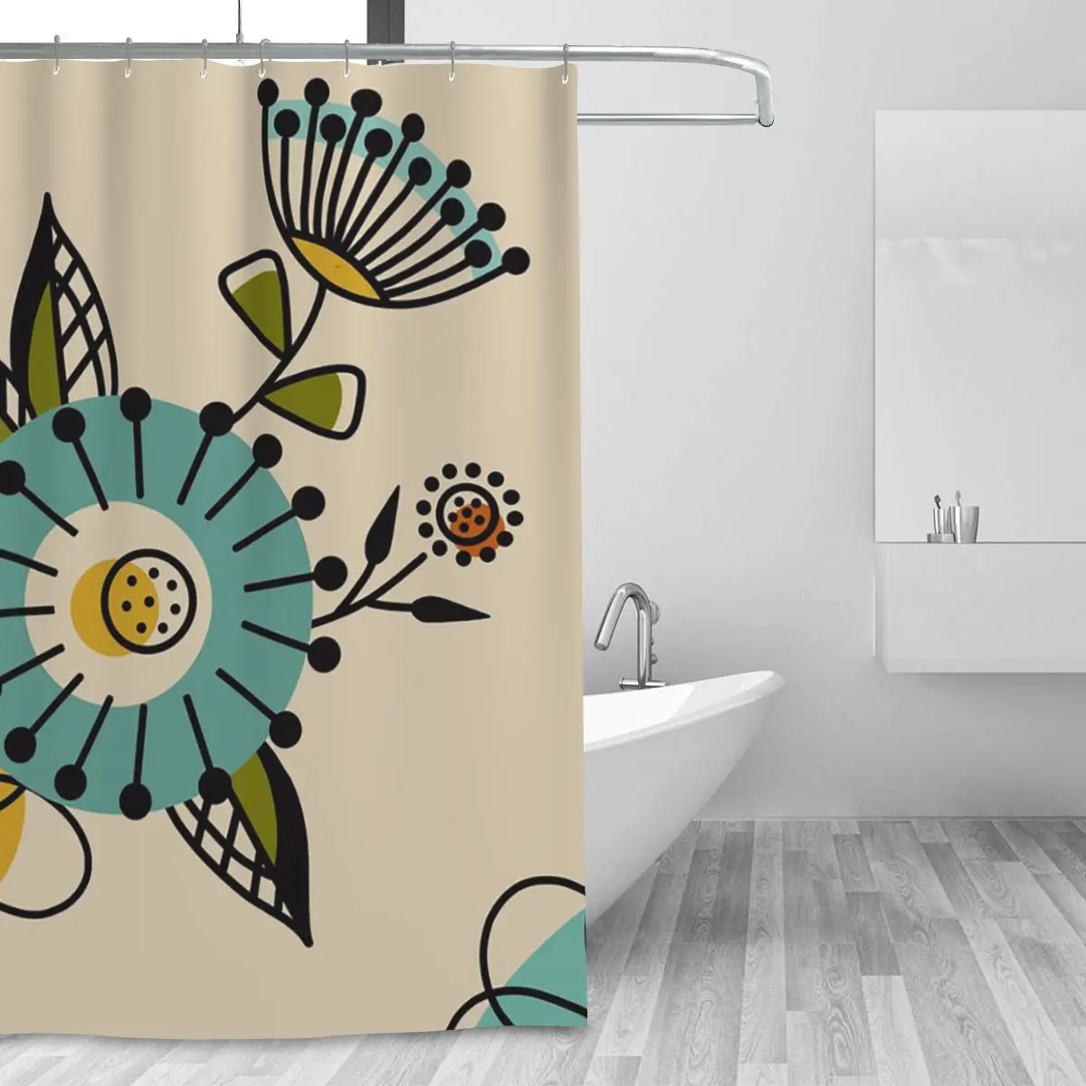 Mid Century Modern Flowers Shower Curtain Bathroom Polyester Waterproof Bath Curtains with Hooks