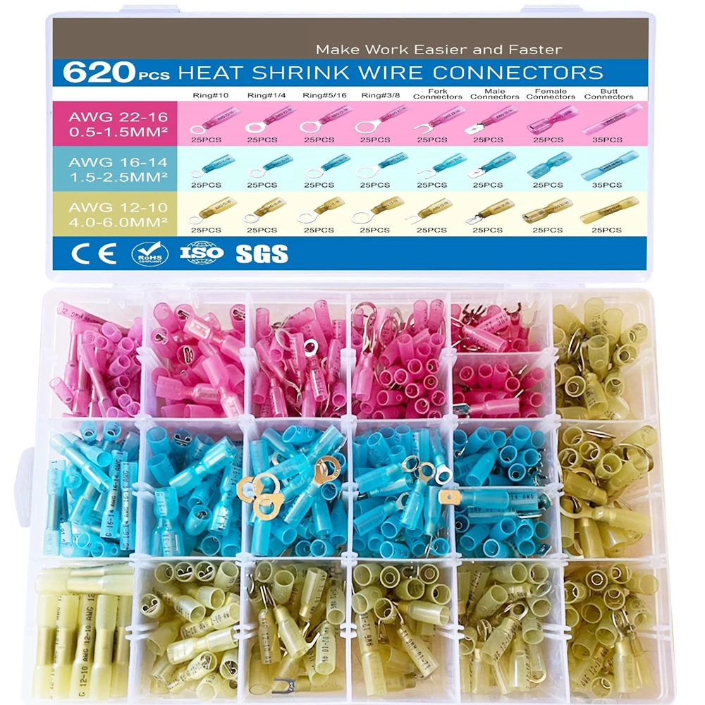 

620PCS Heat Shrink Wire Connectors Electrical Connectors Kit ,Waterproof Terminals Butt Connectors, Spade Fork Ring Butt Splices