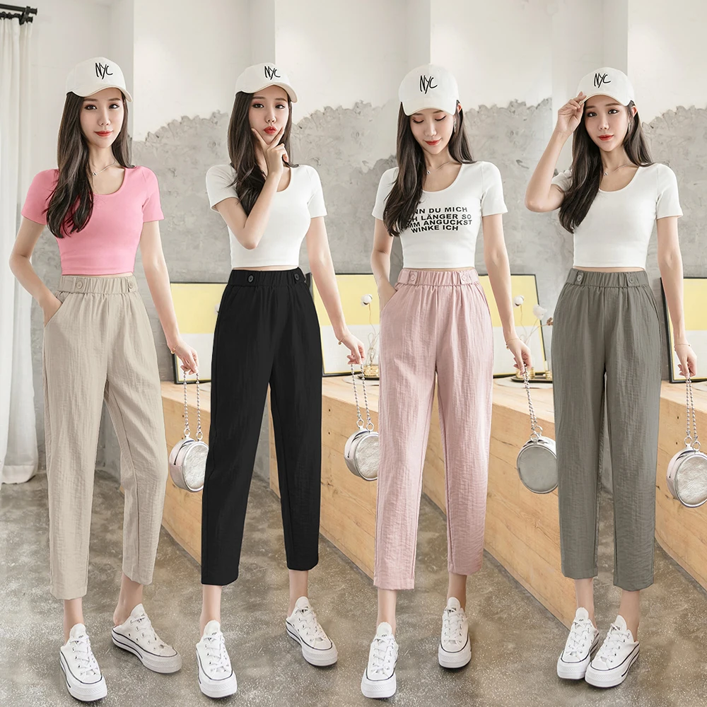 Korean Fashion Woman Summer Linen Pants Elastic High Waist Casual Harem Pants Black Beige Green Pink Pants Cropped Trousers