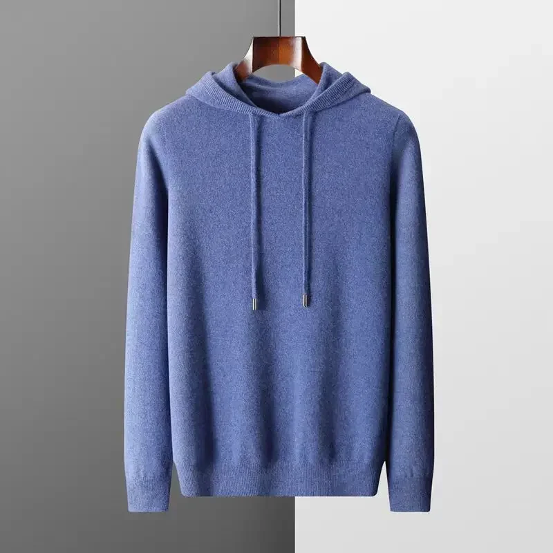 Autumn and winter new men\'s 100% cashmere sweater hooded collar knitted pullover casual long sleeved top