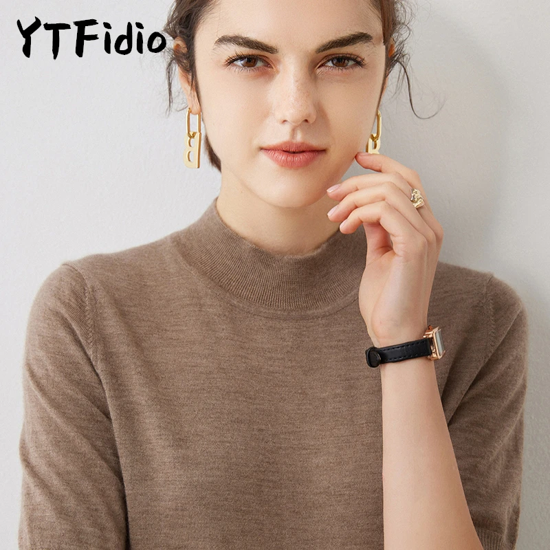 YTFidio 100% Cashmere Women Half High Collar and Half Sleeves T-shirt Short Sleeve  Mock Neck Slim Solid Elastic Pullover 44