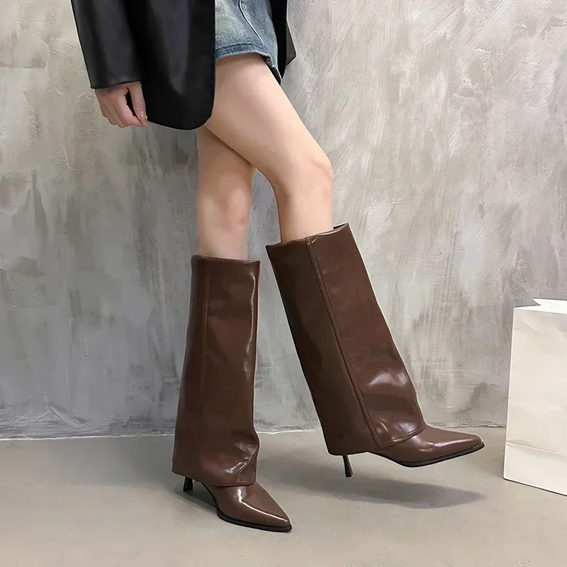 Botas femininas de bico fino até o joelho, salto stiletto, salto alto, sexy, moda primavera e outono, novo estilo, 2024