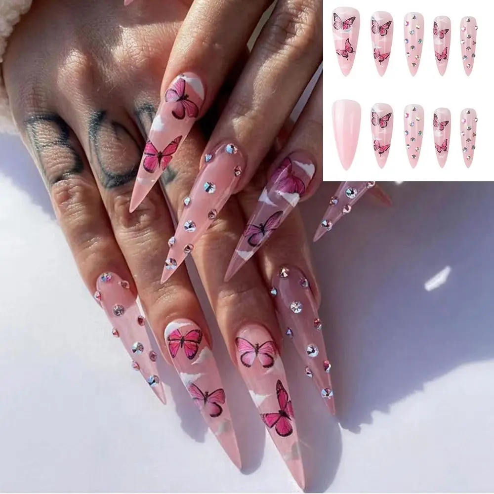 24pcs/Box Artificial Full Cover Nail Tips Almond Fake Nails Wearable  Stiletto False Nails