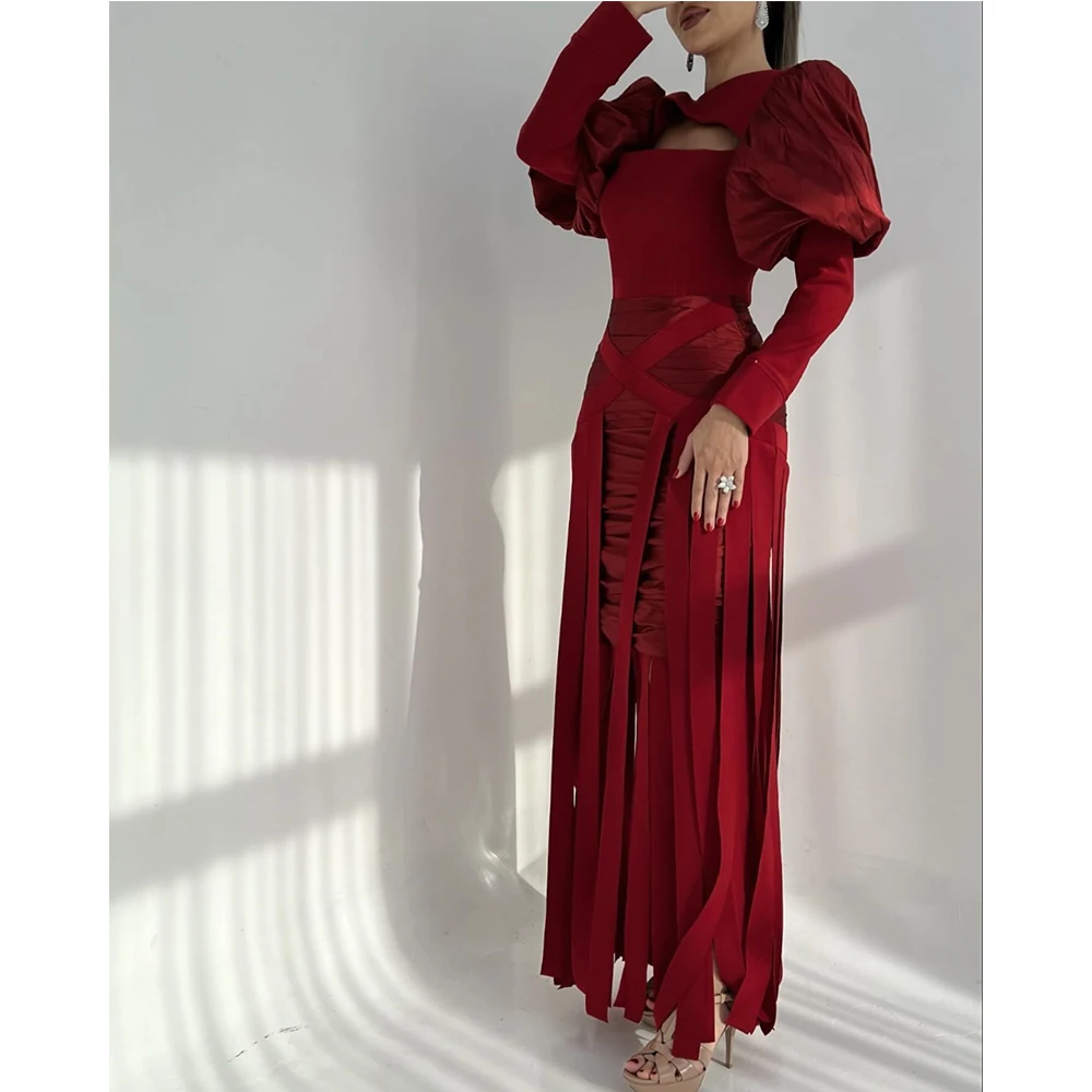 Customized Jersey Straight Tassel Evening Dress O-neck Long Sleeves Floor Length Burgundy Temperament Vestidos de fiesta