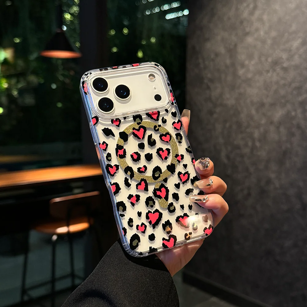 iPhone 11/12/13/14/15/16/17シリーズ対応 透明レオパード柄 マグネット式保護ケース 防水 耐衝撃 PC+TPU