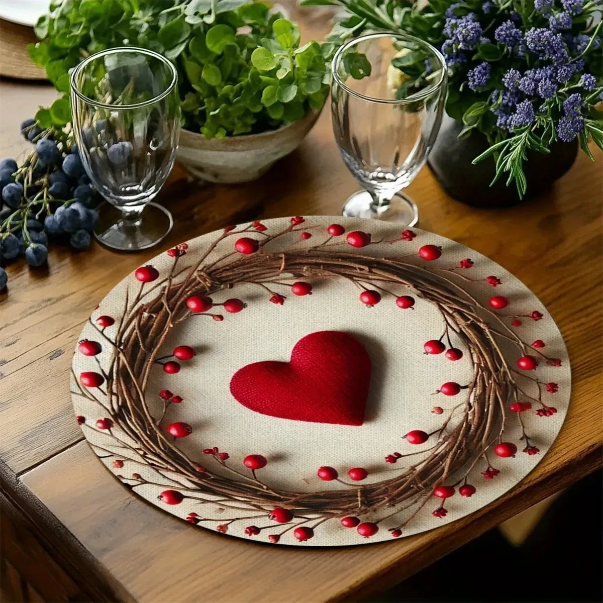 4PCS Valentine Heart Placemats Round Wreath Border Placemats for Romantic Dinner Wedding Anniversary Party Table Decoration