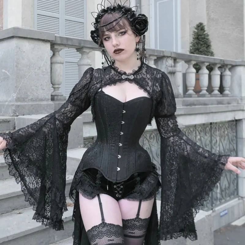

Gothic Lace Cover Ups for Women Hollow out Crop Tops Flare Sleeves Smock Tops