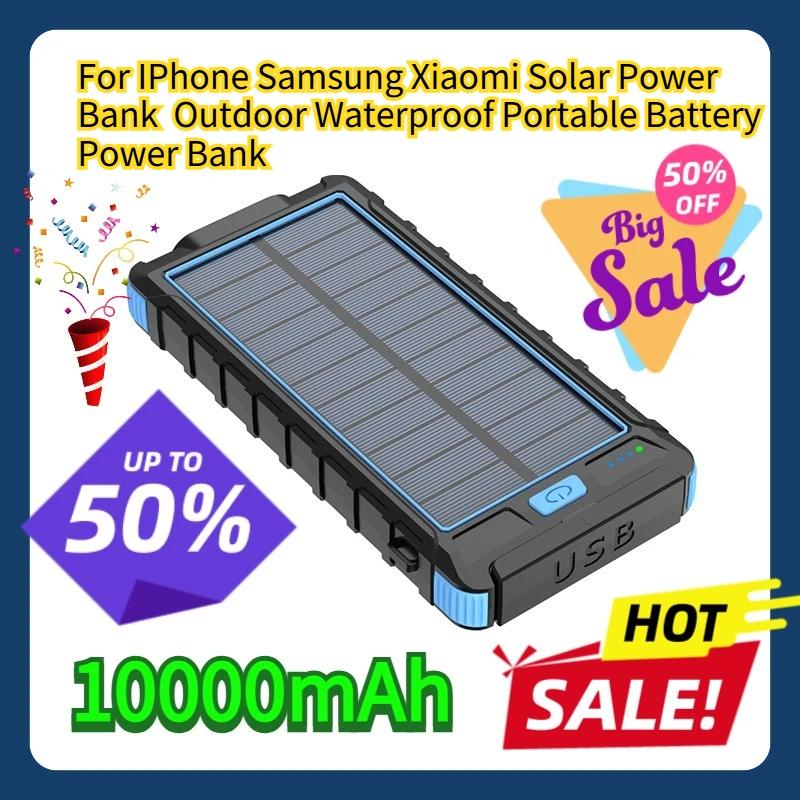 For IPhone Samsung Xiaomi Solar Power Bank 10000mAh Outdoor Waterproof Portable Battery Power Bank