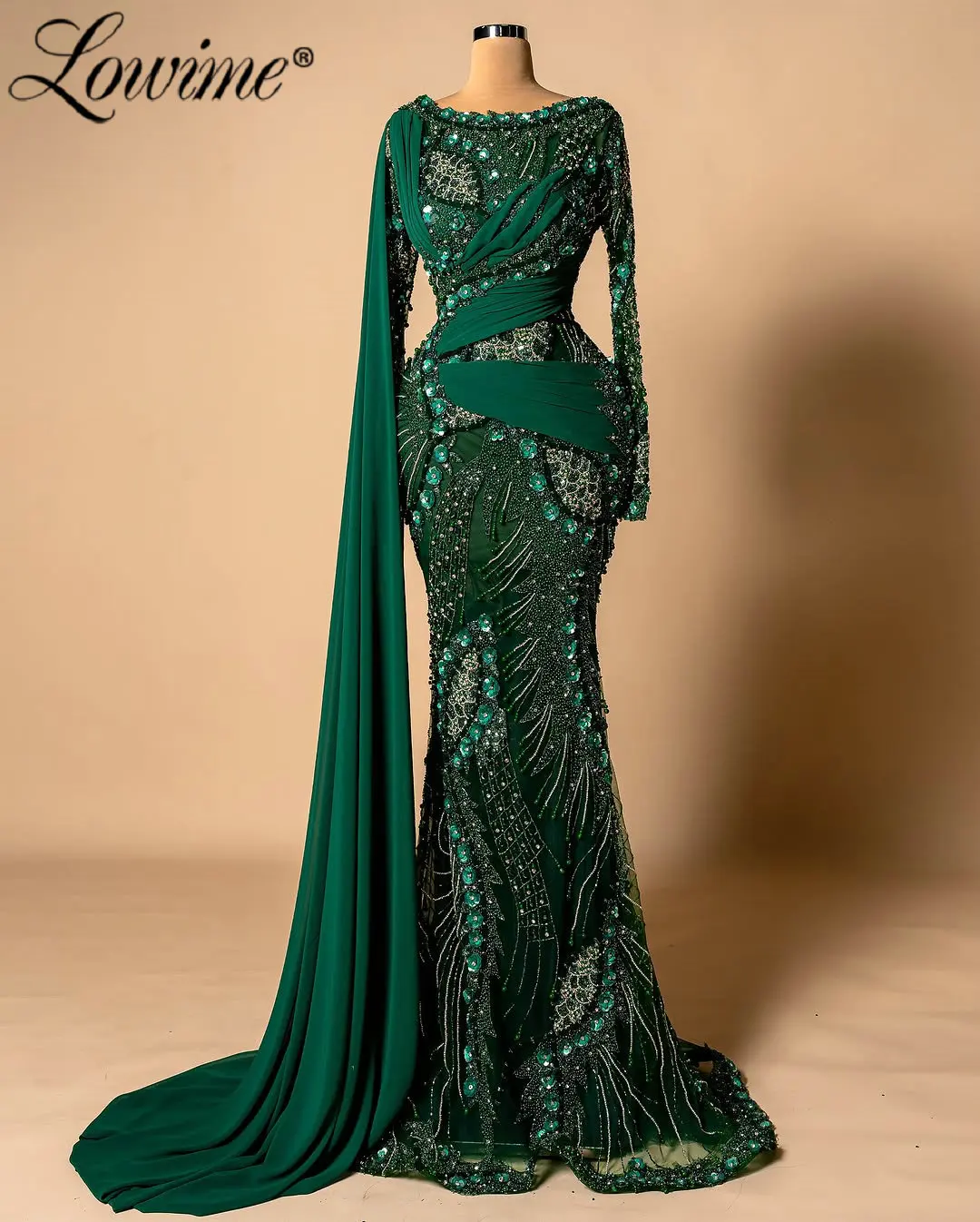 Elegant Emerald Green Long Sleeves Mermaid Evening Dresses with One Shoulder Cape Customized Formal Occasions Prom Party Gowns