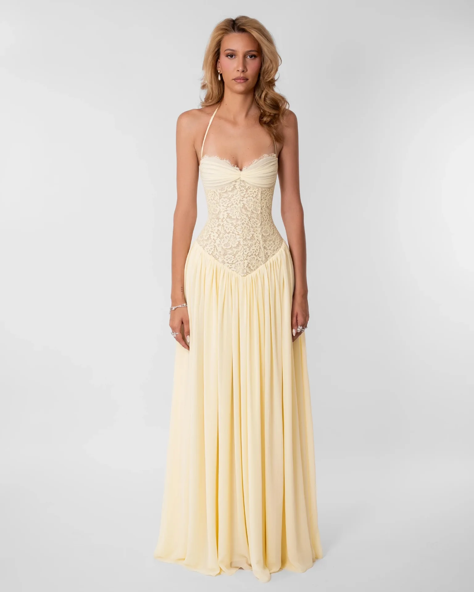 Women Strapless Lace Corset Maxi Dress Chiffon A‑Line Long Dress Lace‑Up Back Formal Evening Bridesmaid Party Gown