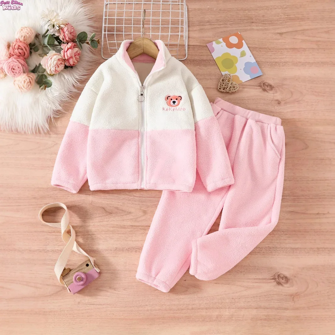

Baby Girl Fleece Zipper Coat Set 1-6Y Kids Girls Cute Bear Embroidered 2Pcs Outfit Warm Casual Autumn Winter Wear Suit for Girls