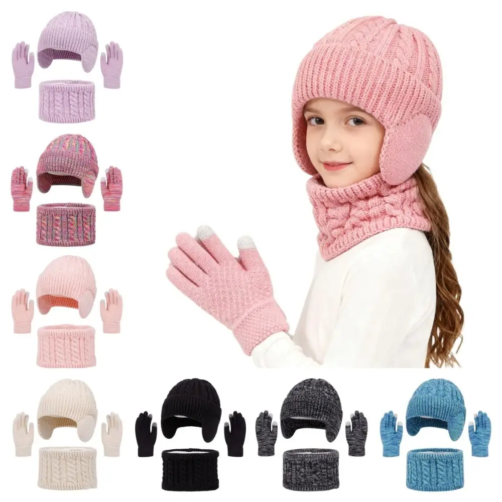 

New Winter Hat Scarf Gloves Set Kids Warm Windproof Toddler Bonnet 3-10Y Thicken Ear Protection Knitted Hats Children's Outdoor