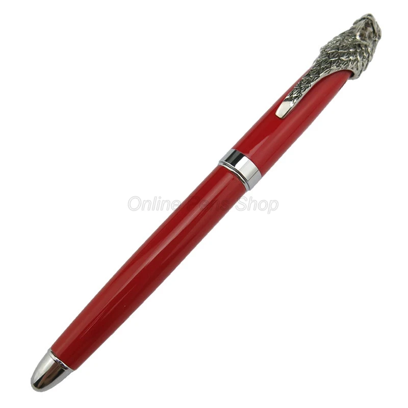 Fuliwen Metal Red Barrel Roller Ball Ballpoint Pen Silver Trim Owl Eagle Head Clip Writing Tool Gift Pen