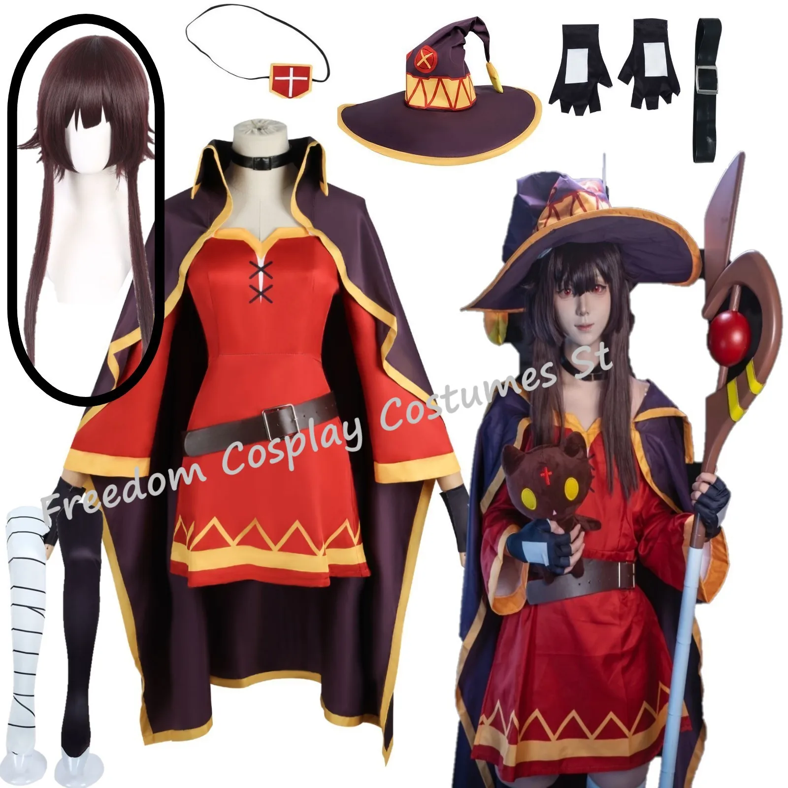 

Anime KonoSuba Megumin Cosplay Costume Women Sorceress Dress Outfits Megumin Cos Wig Halloween Party Cos Costumes