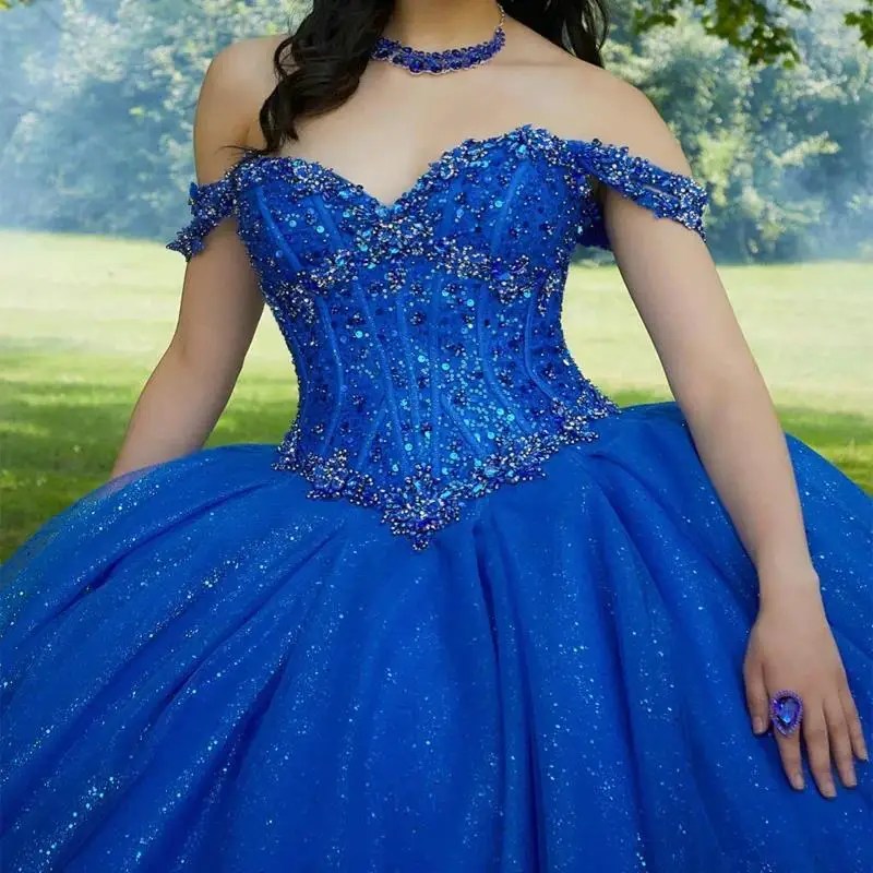 ระยิบระยับ ROYAL BLUE Quinceanera ปิดชุดไหล่ประดับด้วยลูกปัดคริสตัล Boe Tull Vestidos De 15 Anos วันเกิดเจ้าหญิง